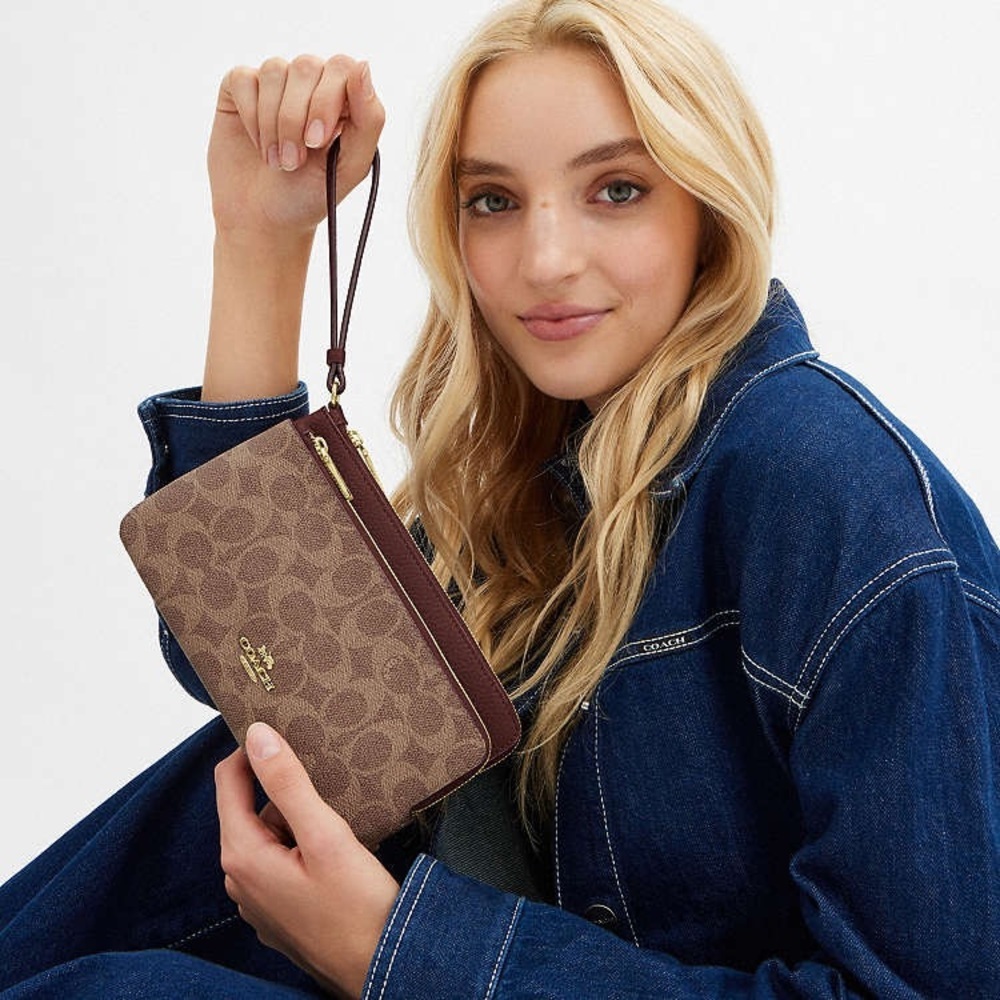 Coach In Signature Canvas Double Zip Wristlet Gold/Tan/Brown - Picture 3 of 5